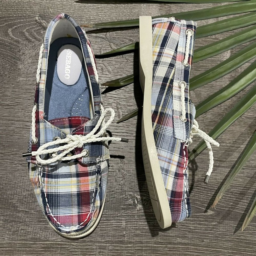 SEBAGO Womens Seashore Blue Plaid Flats Boat Shoe Sneakers US 7.5 Two Eye 40202